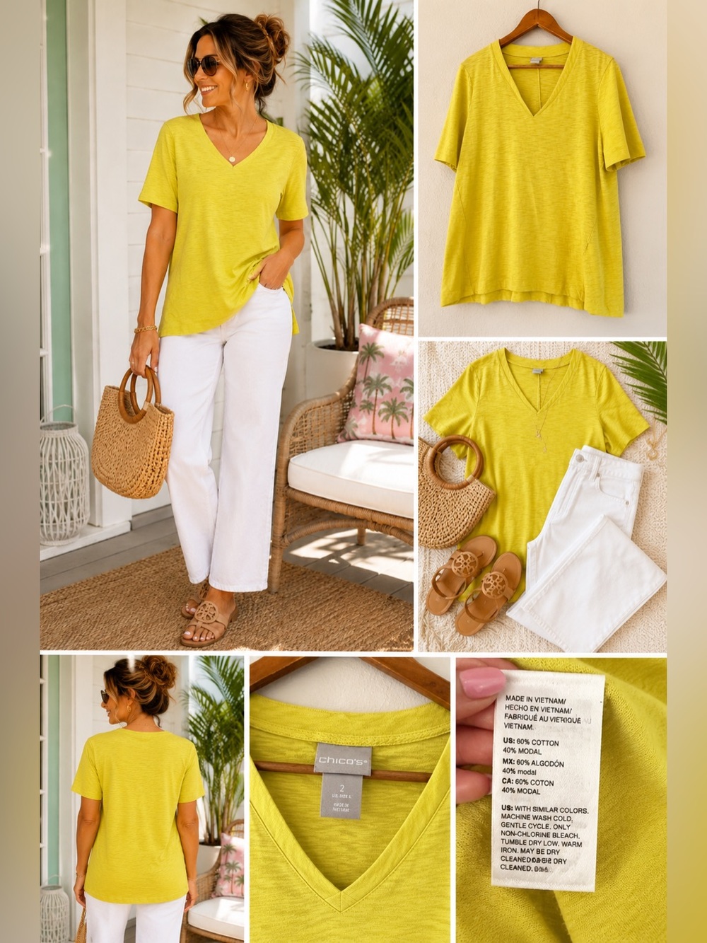 Chico’s Yellow V Neck Tee Women’s L Cotton Modal Slub Top Casual Summer Shirt
